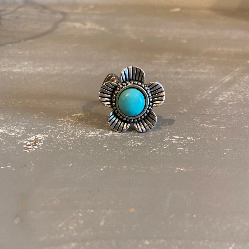 Western Turquoise Flower Stretch Silver Ring Tribal Boho Desert SUN Cowgirl FUN